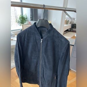 Theory Moore Grand Suede Bomber in Navy, size XS